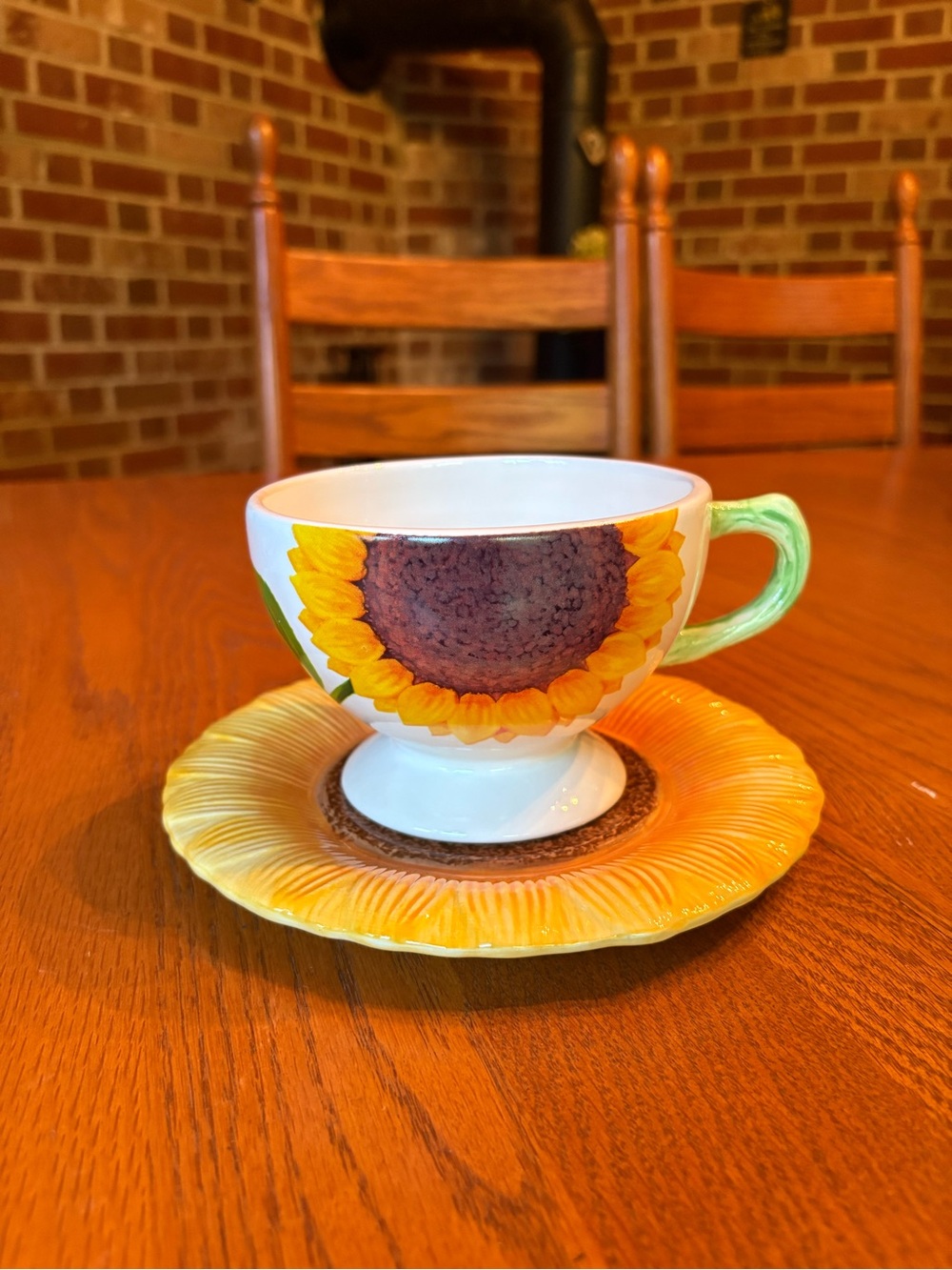 Ceramic Sunflower Cup and Saucer Set - Yellow and Green